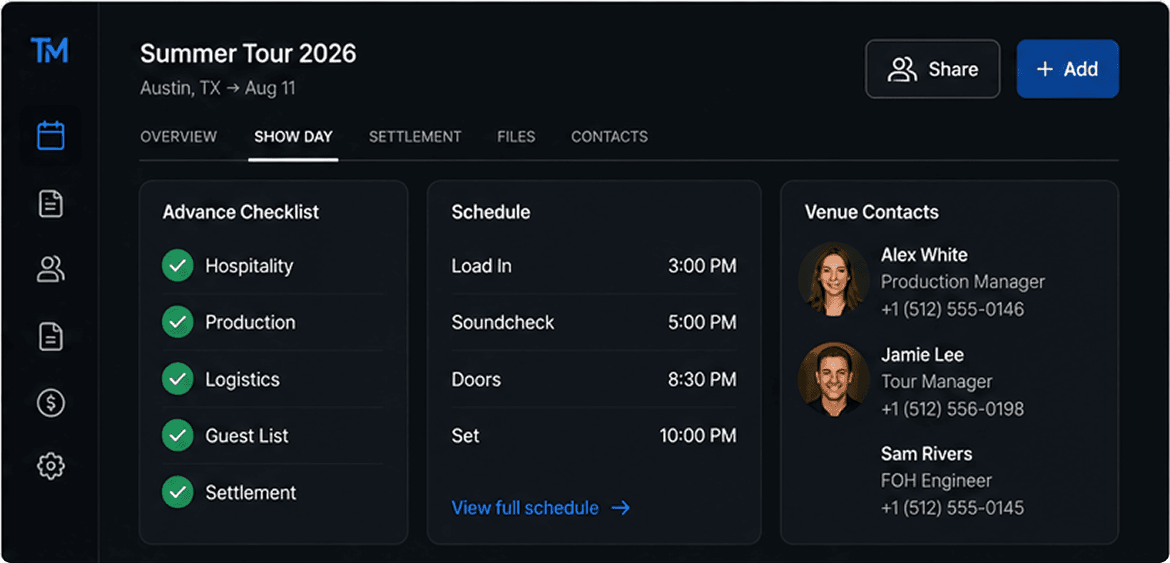 The TourMode show-day dashboard